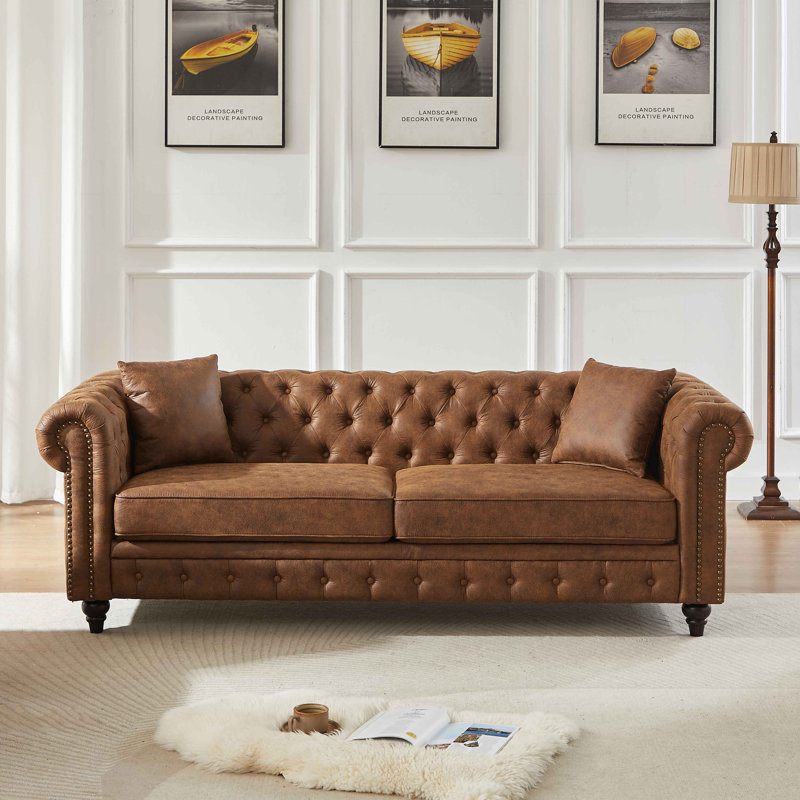 Canapé Chesterfield 85,5 po, H 28,28 po x l 85,53 po x P 32,28 po, Brun