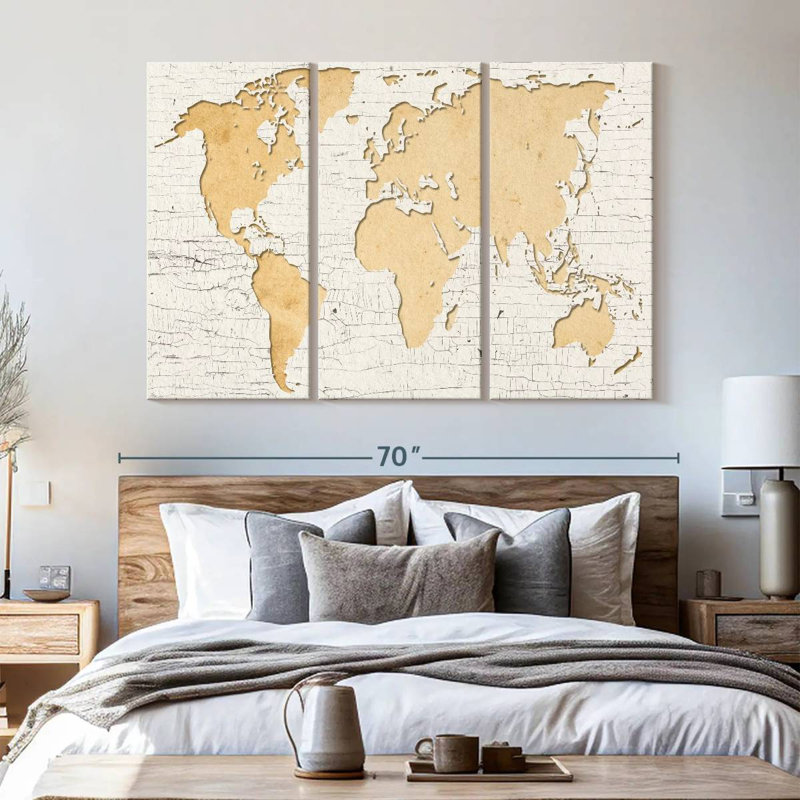 «World Map Beige World Map», reproduction sur toile 3 pièces par Jorge S, H 42 po x l 65 po x P 1,25 po