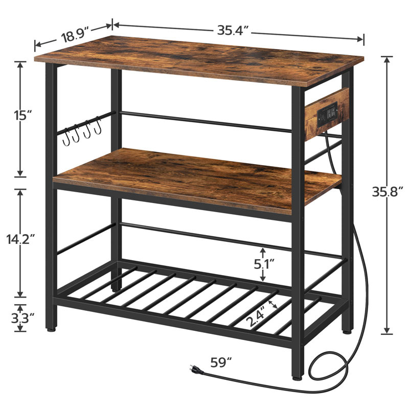 Vuto 35.8" Kitchen Island Table with Power Outlet, Black/Rustic Brown