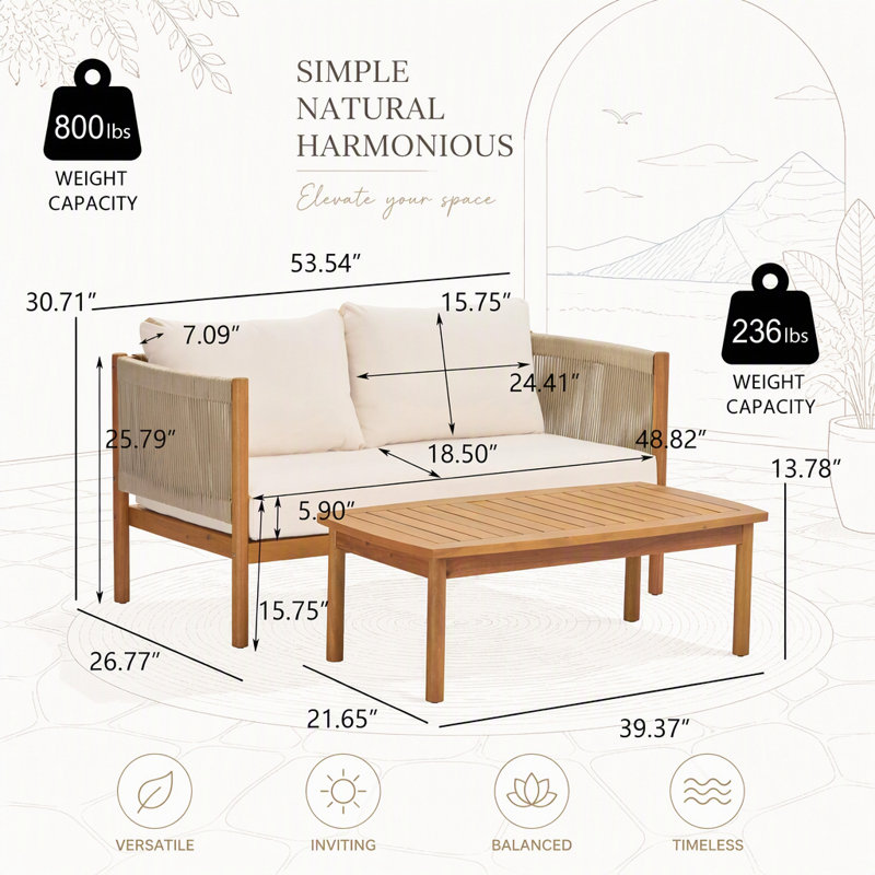 Ensemble canapé deux places et table basse d'extérieur en bois d'acacia durable, avec panneaux en corde tressée et coussins hydrofuges.
