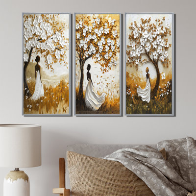 Silhouette de femme doré et blanc Basswood I - Collection de reproductions sur toile 3 cerisiers en fleurs
