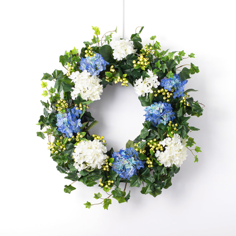 Couronne d'hydrangées en soie, H 30 po x L 30 po x P 5 po, Bleu / vert