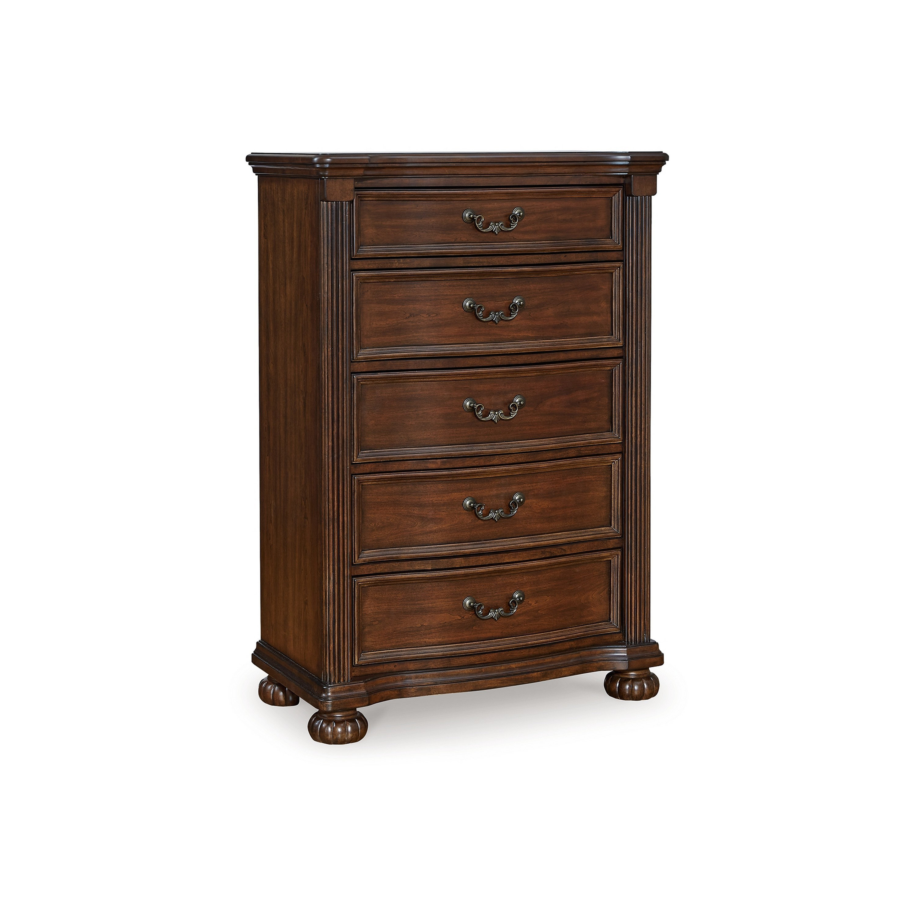 Benjara Laon Tall Dresser Chest, 5 Drawer Cherry Brown Solid Hardwood ...
