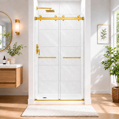 43"-48" W x 76" H Double Sliding Frameless Shower Door with Towel Bar, 5/16" Tempered Glass, Brushed Gold, Reversible