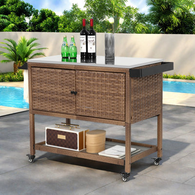 Outdoor Rolling Wicker Bar Cart With Stainless Steel Table Top, Storage Cabinet, Open Storage Space And Towel Rack