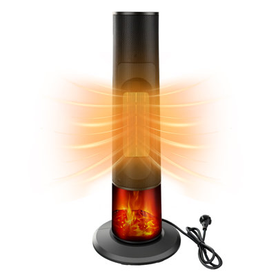 Chauffage d'appoint tour de 63,5 cm (25 po), 1500 W, céramique PTC, chauffage rapide avec effet flamme 3D, deux niveaux de puissance, minuterie de 1 à 12 h, protections de sécurité multiples, pour chambre, bureau ou salon