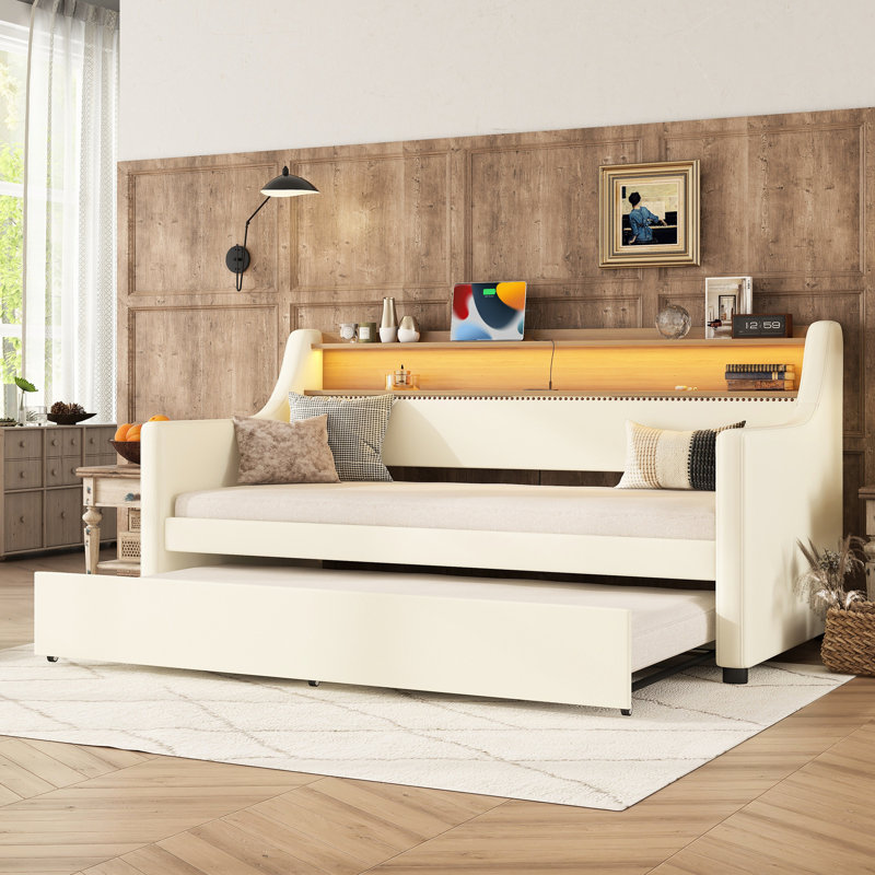 Twin Daybed With Trundle And Headboard Storage, White Covered Charging & Illuminating Features Upholstered Trundle, , Led Lights Holders