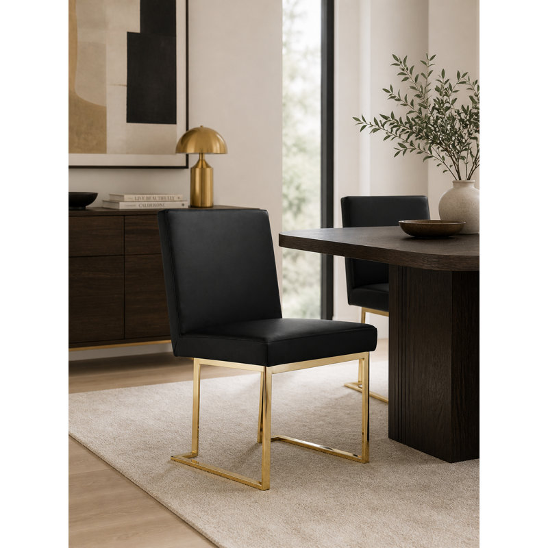     Pangea Home Dexter Modern Upholstered Faux/Vegan Leather Dining Side Chair (Set of 2) – Upholstered Dining Chairs with Steel Legs, Contemporary Kitchen & Dining Room Seating - Black with Gold Legs