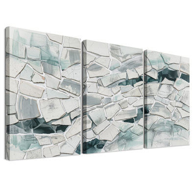 Teal and Grey Shattered Porcelain Mosaic Set Of 3 Canvas Wall Art