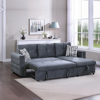 90" Velvet Convertible Sleeper Sectional Sofa With Storage Chaise,Pull Out Bed Couch With Nailhead And Pillows