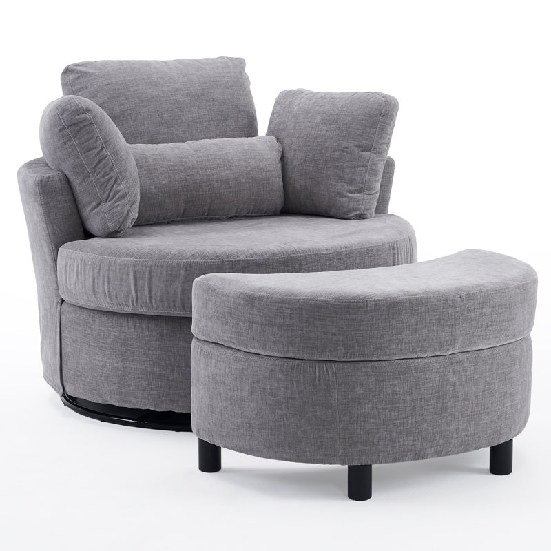 Swivel Armchair with Footstool, Grey Chenille