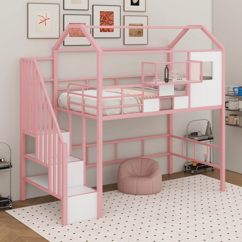 Twin Metal Loft Bed With Roof Design And A Storage Box, Pink