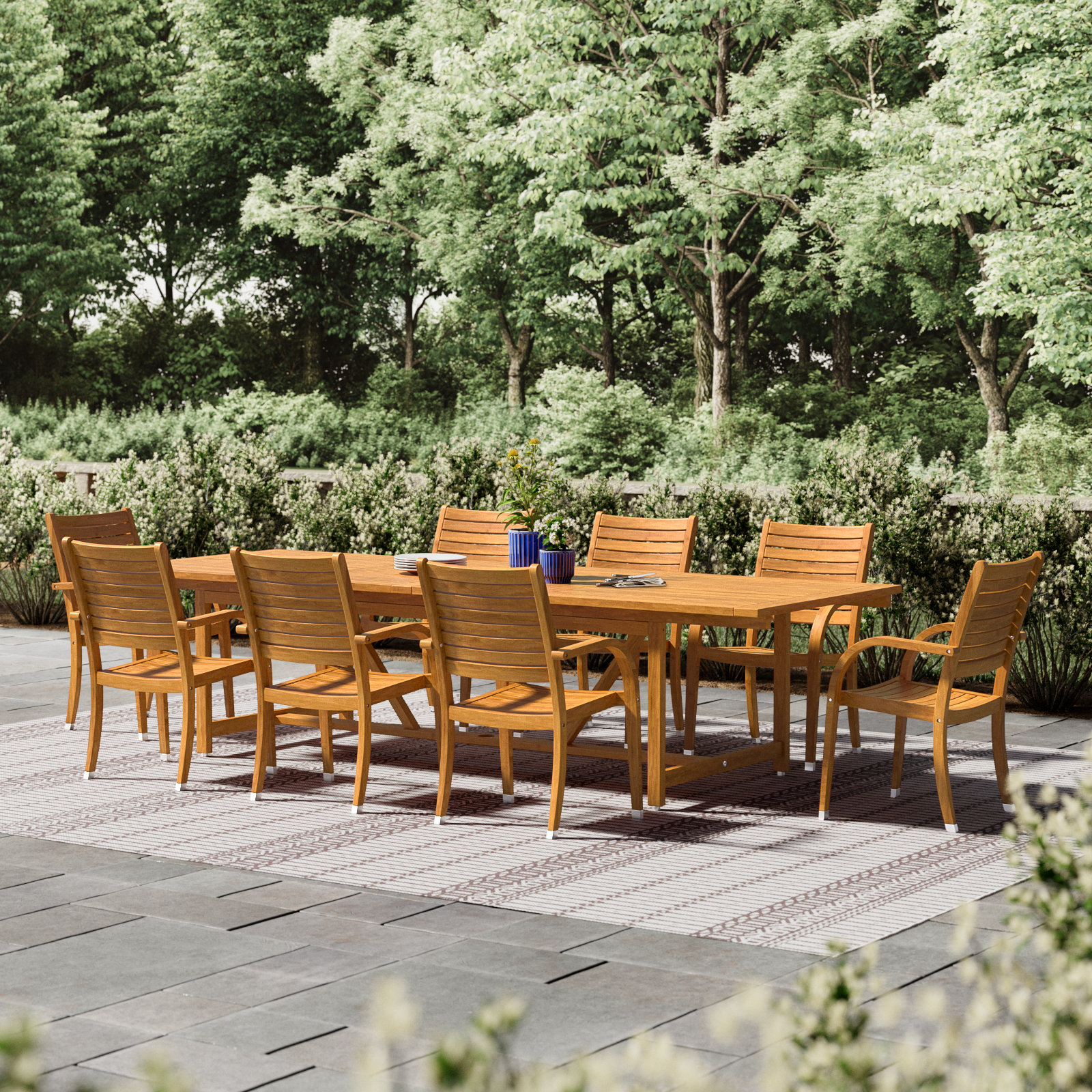 Alyisa 118" Eucalyptus Patio Dining Set, Light Teak