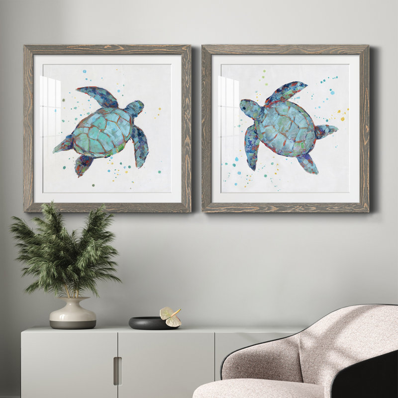 Bulle bleue tortue I - ensemble de 2 reproductions d'art, Cadre en papier gris, H 24 po x l 48 po x P 1 po