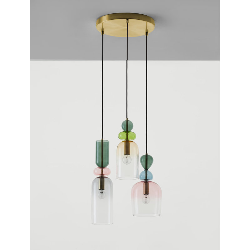 Sandy Gold Metal Glossy Dark Green, Blue Grey Pink, Glossy Light Green, Orange & Light Grey Glass LED E14 3x5 Watt 230 Volt IP20 Bulb Excluded D: 41.7 H: 120 cm Adjustable height