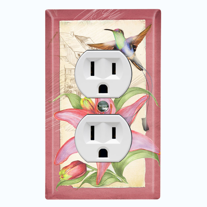Metal Light Switch Plate Outlet Cover (Red Flowers Humming Bird Barn House Beige  - Single Toggle)