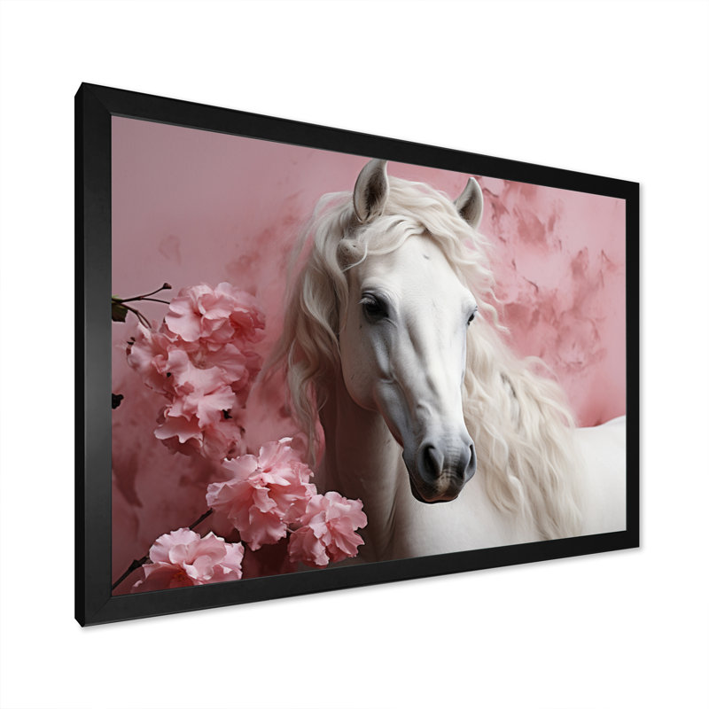 Cheval rose blanc doux beauté - art mural cheval, Cadre simple noir, H 24 po x l 32 po x P 1 po