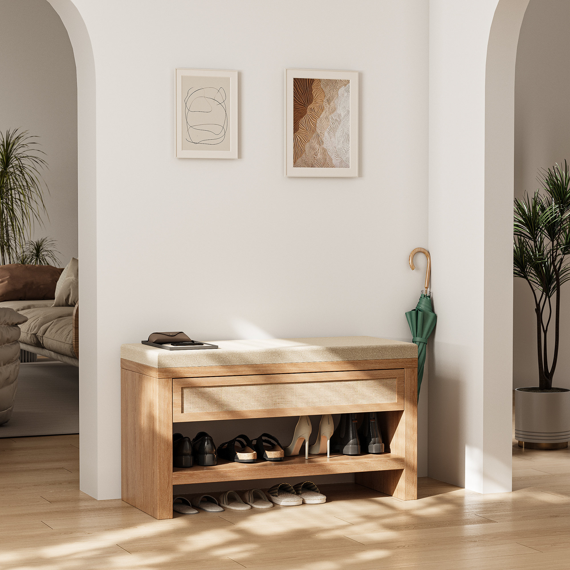 32" Shoe Bench With Storage Drawer, Farmhouse Entryway Bench With Seat Cushion & Shelf, Wooden Shoe Rack Organizer For Hallway, Living Room, Bedroom – Rustic Oak
