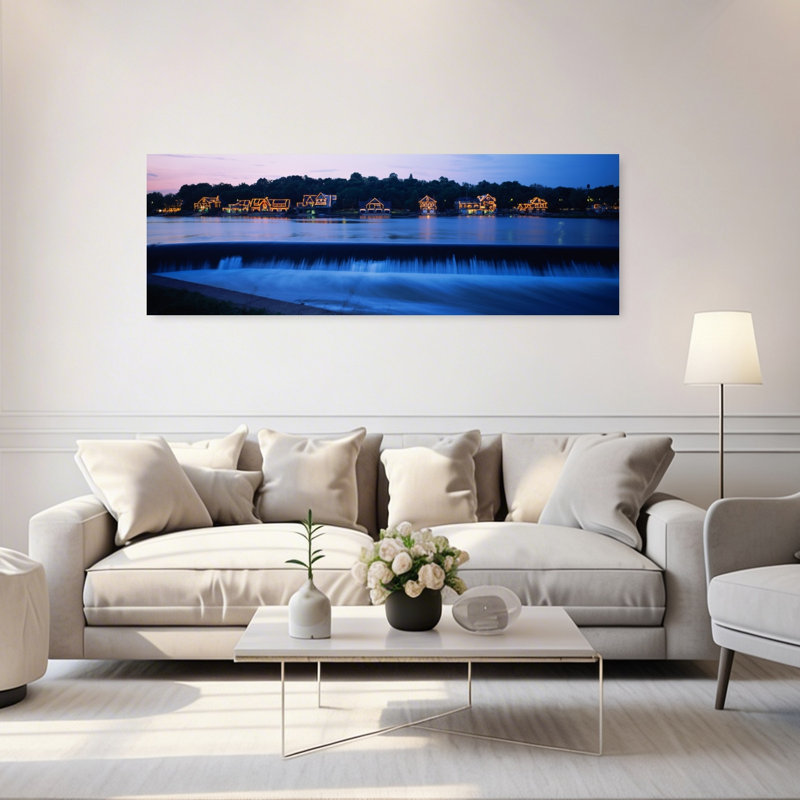 Boathouse Row lit up at dusk Philadelphia Pennsylvania USA 1 Piece Wrapped Canvas Panoramic Wall Art, 50.8 cm H x 152.4 cm W
