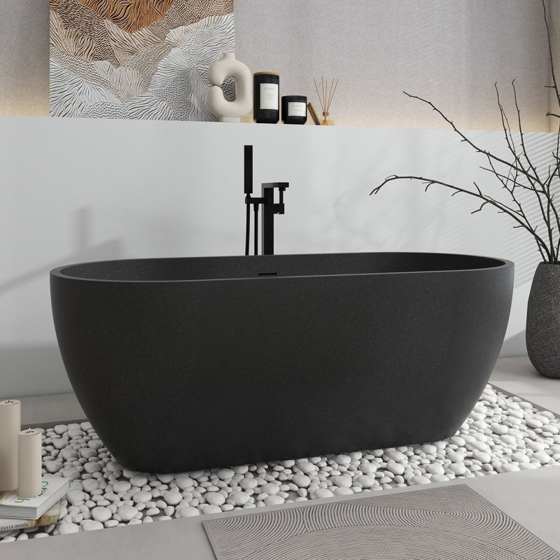63'' X 31'' Freestanding Soaking Terrazzo Bathtub, Terrazzo Black