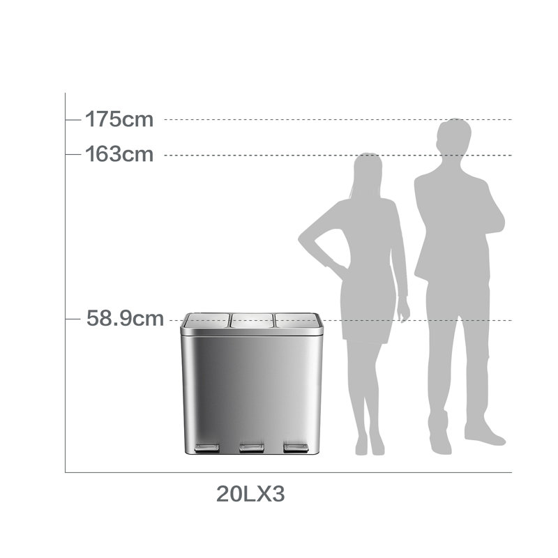 Poubelle à ordures et de recyclage à trois compartiments 16 gallons / 60 L avec 3 couvercles
