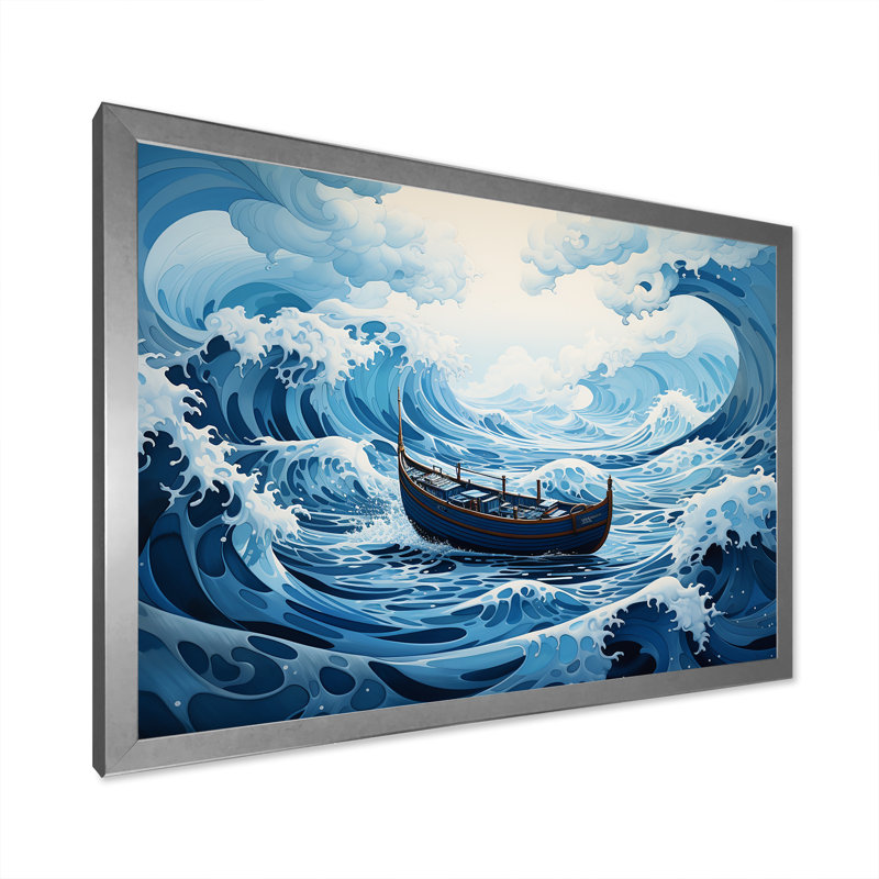 Bleu surréel, bateau côtier, Cadre de coin argenté fermé, H 24 po x l 32 po x P 1 po