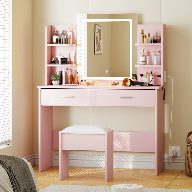 Meuble-lavabo de 55,9 po de hauteur avec miroir éclairé, ensemble de coiffeuse de maquillage avec prise de courant, 6 tablettes de rangement, 2 grands tiroirs et 3 lumières réglables à luminosité de couleur