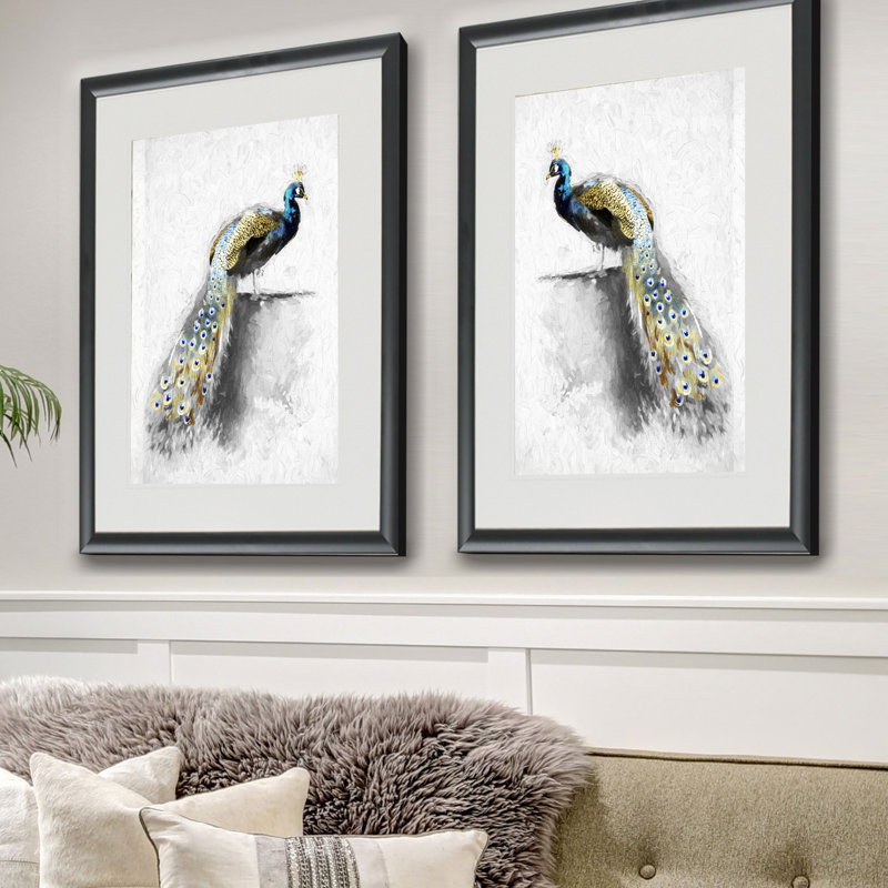" Golden Peacocks " 2 - Pieces, Black Framed