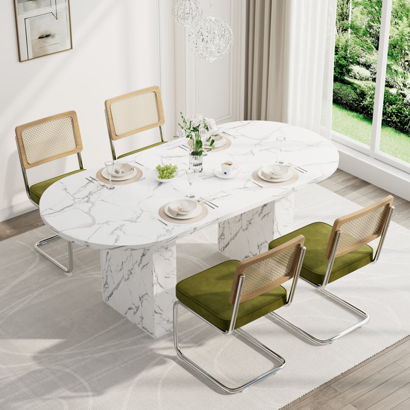 Modern Oval Pedestal Dining Table Sets, 5 Pieces: Table, 4 Chairs, Olive Green, White