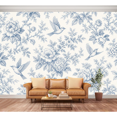 Wall Mural Peel and Stick Vintage Botanical Birds floral swallow bird Line Garden Cream delicate Large Wallpaper Self-Adhesive Removable Contact Paper Wall Decor for Living Room Bedroom Nursery 100"H x 144"W