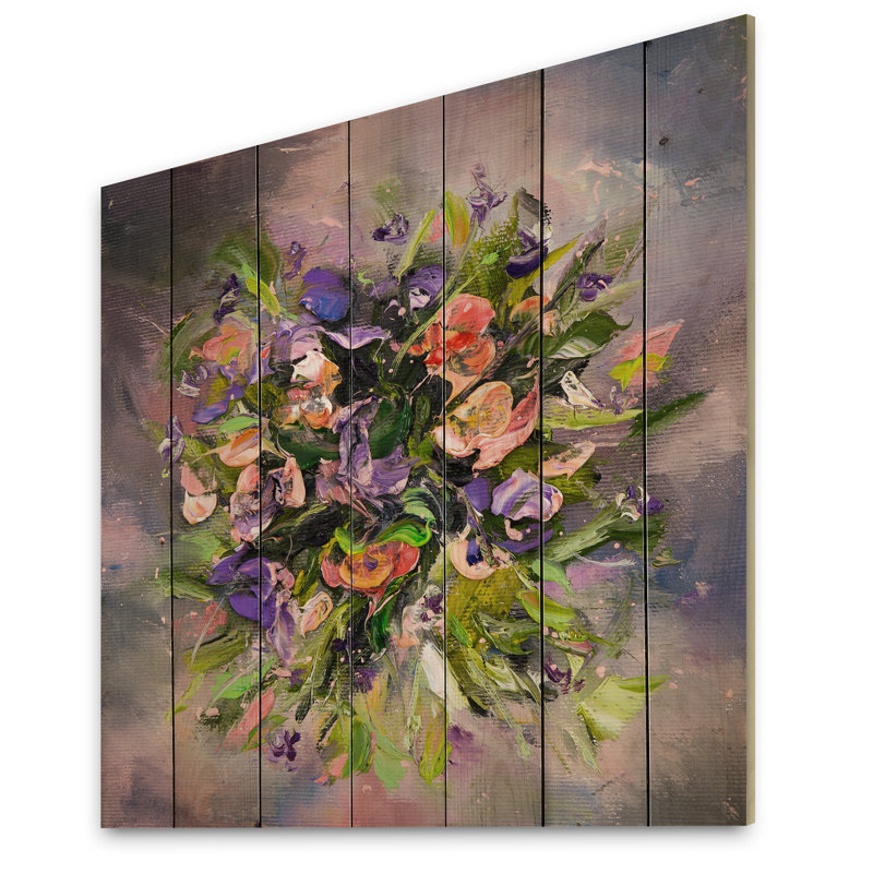 Fleurs abstraites mauves et vertes - reproduction traditionnelle sur bois, H 30 po x l 30 po x P 1 po