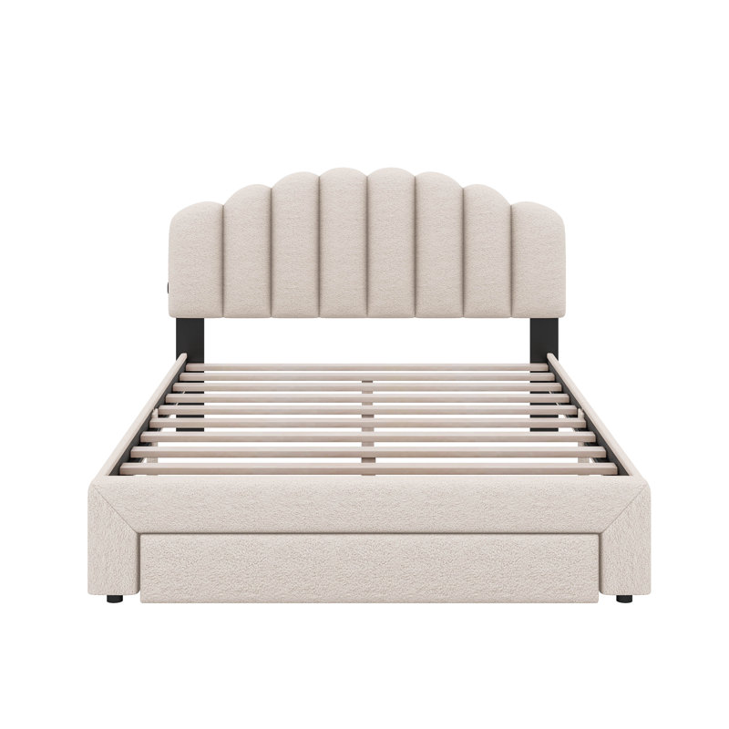 Grand lit plateforme tapissier en molleton avec tiroirs, Beige