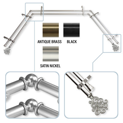 Reinaldo Steel Rod/Resin Finials Adjustable Bay Window Double Curtain Rod