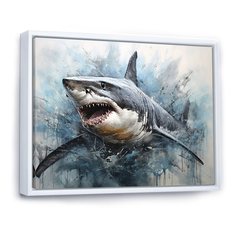 Minimalism Blue Shark Painting - Shark Wall Art, 34" H x 44" W x 1.5" D, White Floater Framed