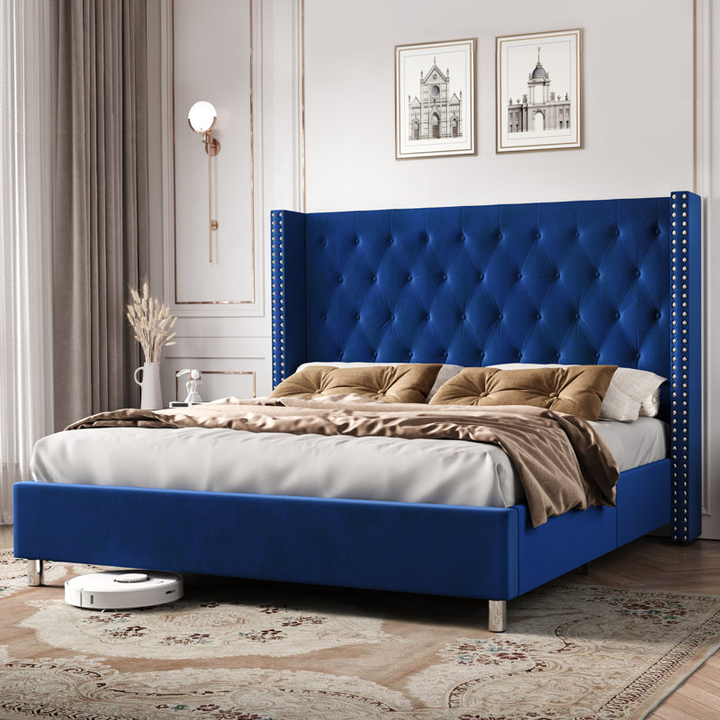 Occoquan Upholstered Wingback Bed, Queen, Navy