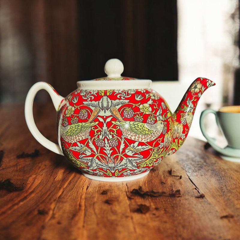 William Morris Strawberry Thief Teapot in Red Small Chintz Birds Tapestry Lark Manor Bannon 0.7ml Floral