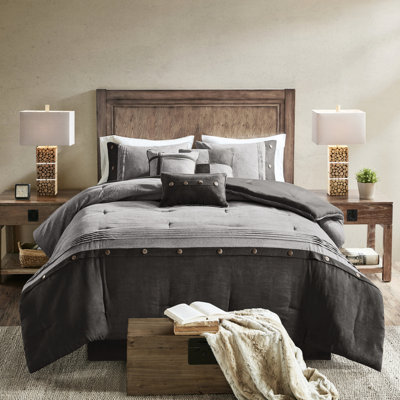 Queen Grey Faux Suede 7 Piece Comforter - Lodge Cabin Decorative Pillows Soft Classic Queen, Style Buttons Filling Sociable