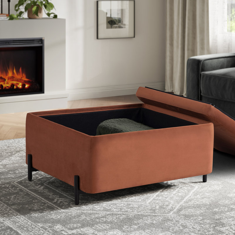 Pouf de rangement carré en velours Delton de 79 cm de large avec plateau rabattable, Rouille