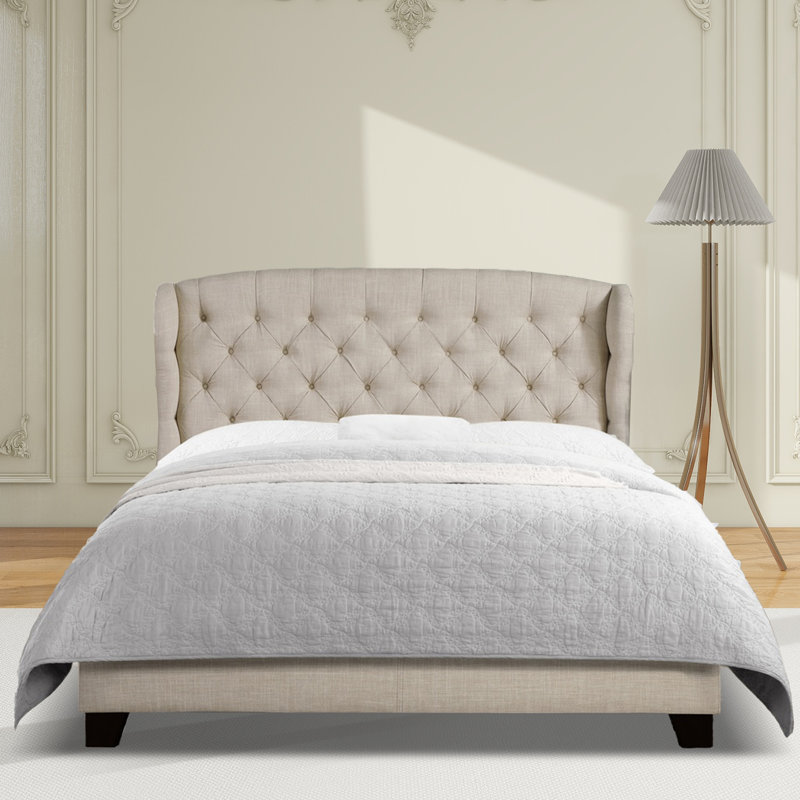 Lit tapissier en tissu, base de lit à hauteur réglable capitonnée, Grand, Beige