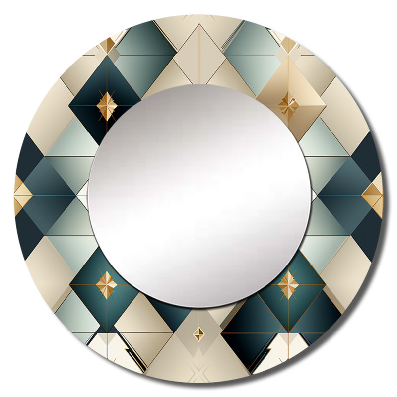 Harmonie cubique Sehjal bleu sarcelle et gris - miroir mural décoratif géométrique, miroir rond moderne, impression d'art en métal