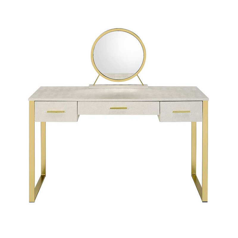 Ensemble de coiffeuse avec tabouret Myles, finition blanc antique et champagne, Blanc antique et champagne