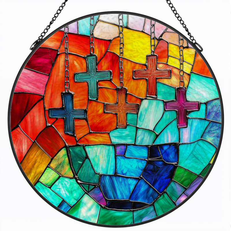 7.8"H Colorful Cross Stained Glass Window Panel, 7.8" H x 7.8" W