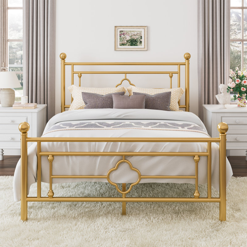 Ajayceon Metal Platform Bed Frame With Vintage-Style Headboard And Footboard, Gold, Queen