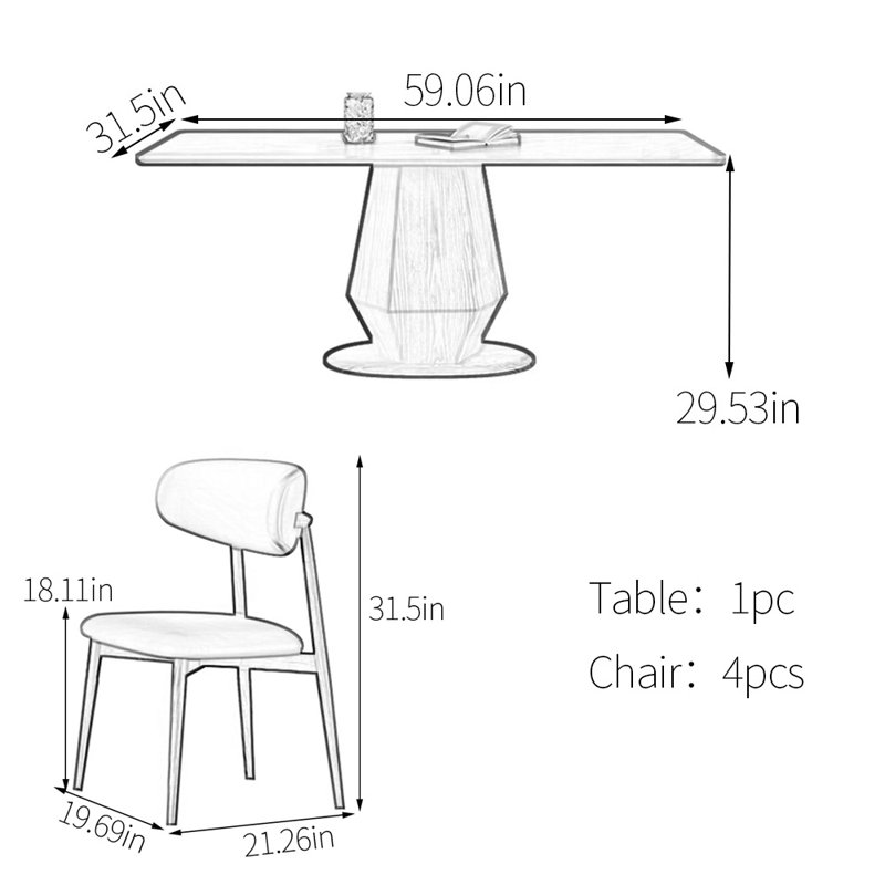 Gray sintered stone dining table set, 29.53"H x 59.06"L x 31.5"W