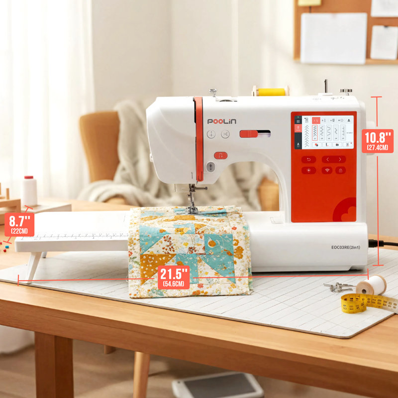 Machine à coudre et à broder informatisée Poolin EOC03RE (2in1), zone de broderie de 9,2 po x 4 po, écran tactile ACL de 4,3 po, 8 fontes, 12 langages, 154 motifs de fantaisie, USB et sans fil, logiciel, 2 cerceaux, bricolage fait à la main, cadeaux pour femmes