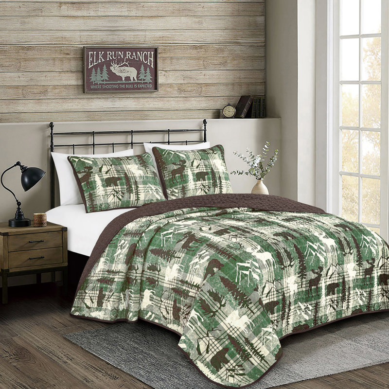 Ensemble de couvre-lit 3 pièces Rustic Polyester, Vert, Courtepointe très grand + 2 taies décoratives