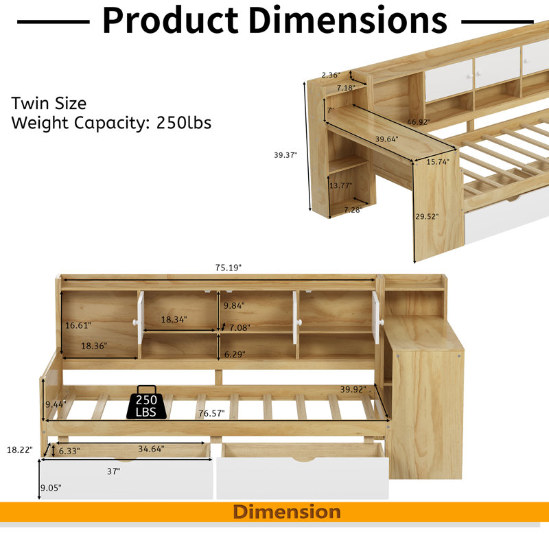 Wooden L-Shape Daybed With Seven Storage Cabinets And Two Storage Drawers, Multi-Functional Bed With Study Desk And Built-In Bookshelf