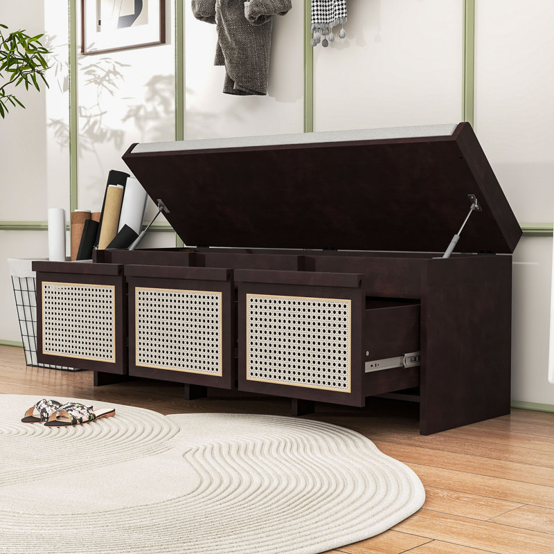 Banc de rangement pour hall d'entrée rétro avec 3 tiroirs en rotin, rangement dissimulé à plateau relevable et coussin rembourré amovible pour le couloir