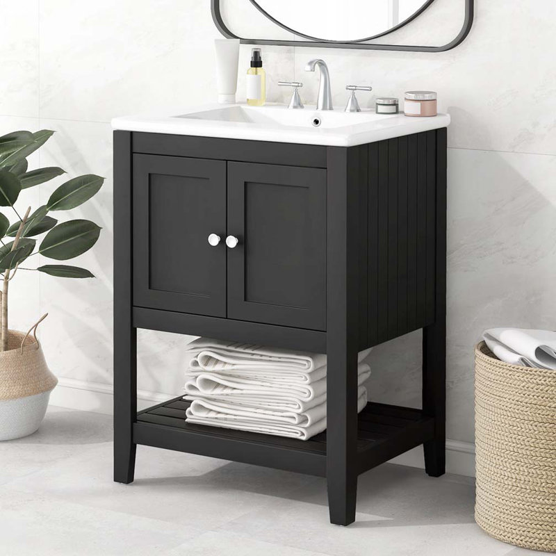 Meuble-lavabo de salle de bain avec lavabo en céramique, structure en bois massif et tablette ouverte, Noir