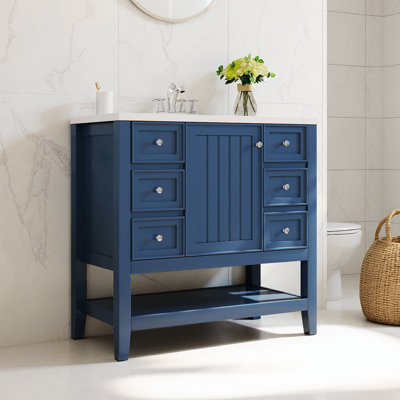 36" Bathroom Vanity with Sink Combo | Solid Wood Frame, 3 Drawers + Cabinet, Half-Moon Ceramic Basin, Adjustable Shelf, 4" Faucet